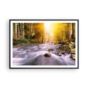 Poster in einem schwarzem Rahmen - Ein Waldbach, beleuchtet von den Sonnenstrahlen - 100x70cm - Malachit im Silber- und Goldrahmen - Moderne Wanddekoration für Wohnzimmer und Schlafzimmer ARTTOR