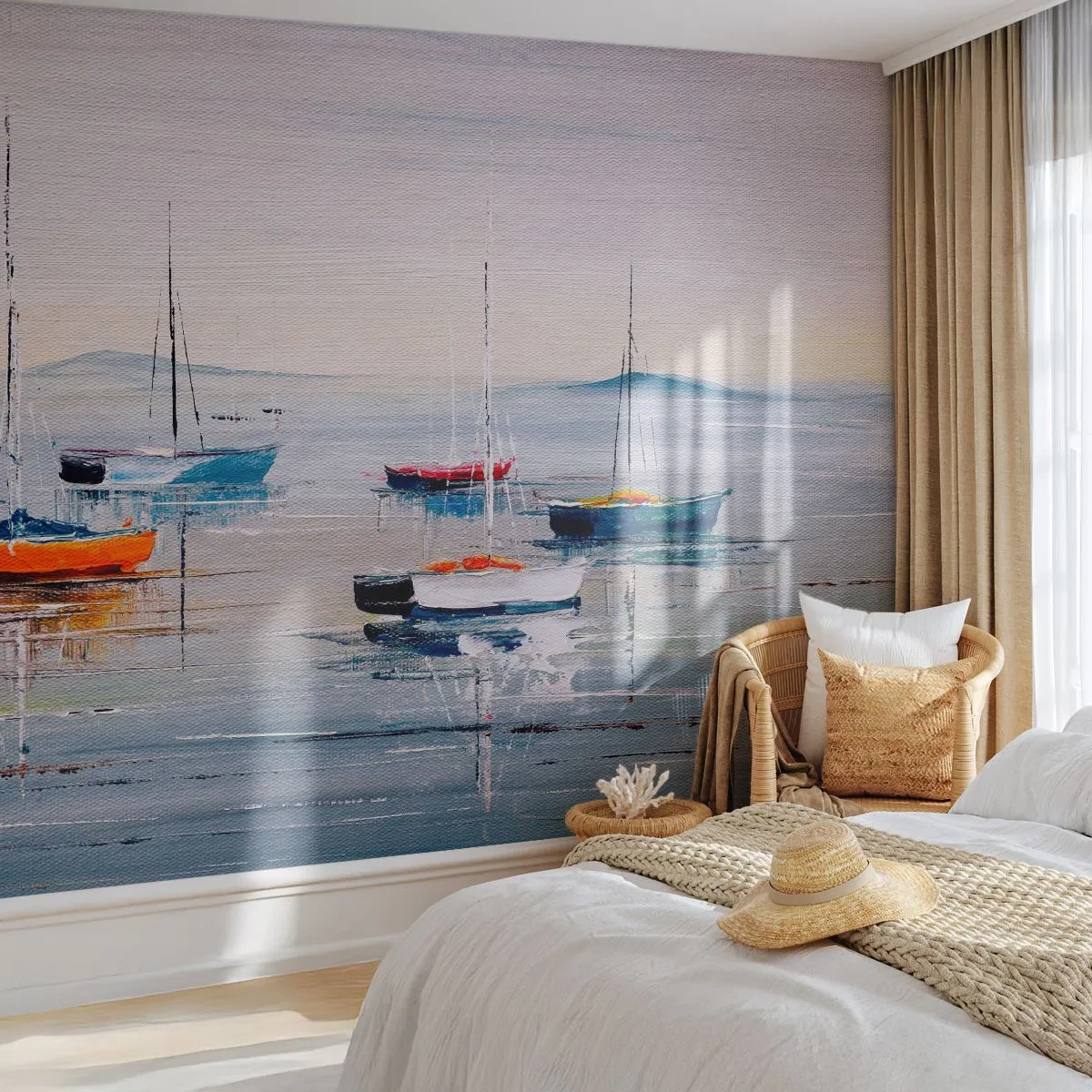 Fototapete Premium Sand - Bunte Boote auf ruhigem Wasser bei Sonnenuntergang - 100x70cm - Wohlverdiente Ruhe - Moderne Wanddekoration für Wohnzimmer und Schlafzimmer ARTTOR