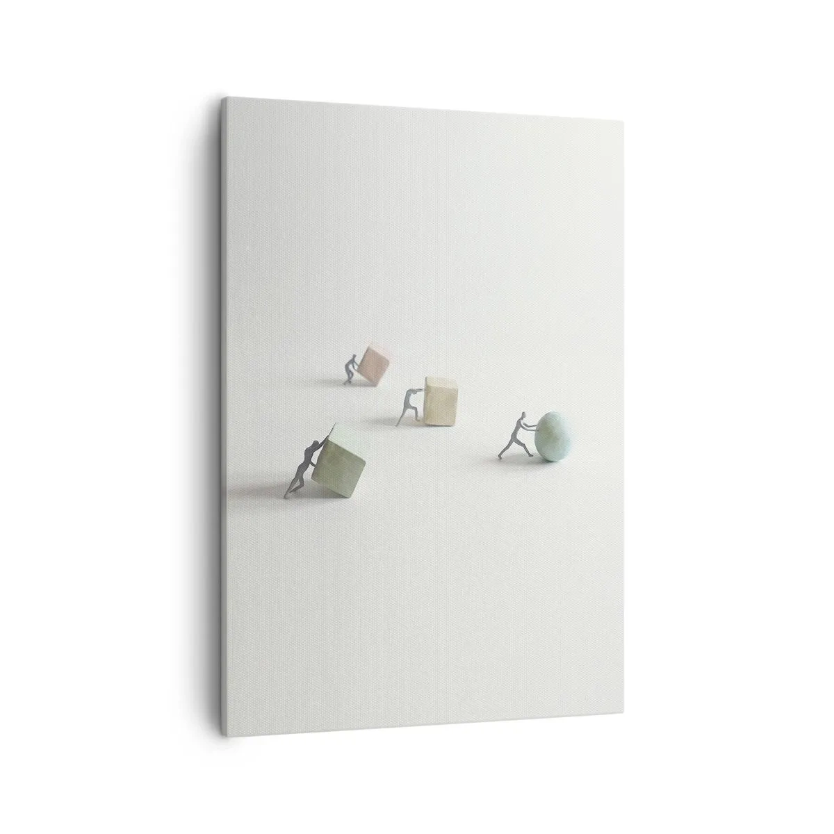 Bild auf Leinwand - Leinwandbild - Miniaturfiguren, die Formen vor einem hellen Hintergrund schieben - 50x70cm - Pures Leben - Moderne Wanddekoration für Wohnzimmer und Schlafzimmer ARTTOR