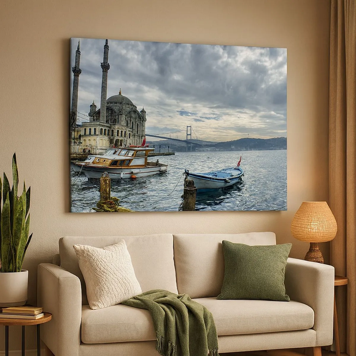 Bild auf Leinwand - Leinwandbild - Ein historisches Gebäude auf dem Wasser mit Booten und einer Brücke im Hintergrund - 70x50cm - An der Grenze der Welten - Moderne Wanddekoration für Wohnzimmer und Schlafzimmer ARTTOR