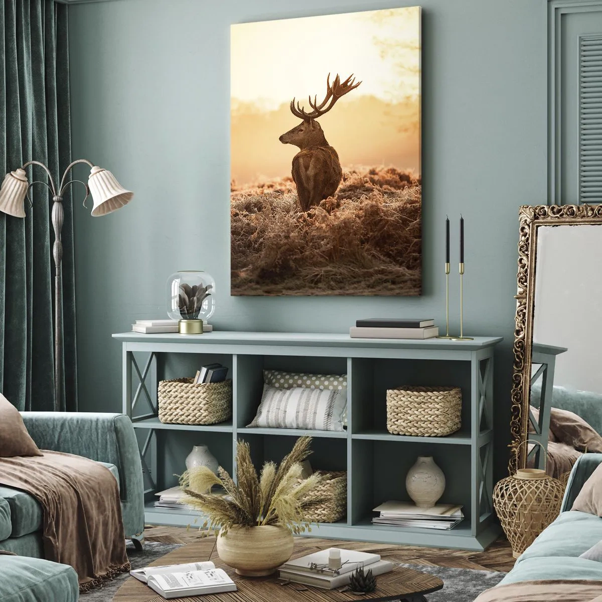 Bild auf Leinwand - Leinwandbild - Hirsch in den Strahlen der aufgehenden Sonne - 50x70cm - Herr im eigenen Land - Moderne Wanddekoration für Wohnzimmer und Schlafzimmer ARTTOR