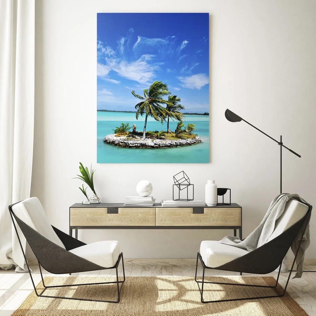 Glasbild - Bild auf glas - Eine tropische Insel vor der Kulisse eines türkisfarbenen Ozeans - 50x70cm - Ein Paradies auf Erden - Moderne Wanddekoration für Wohnzimmer und Schlafzimmer ARTTOR