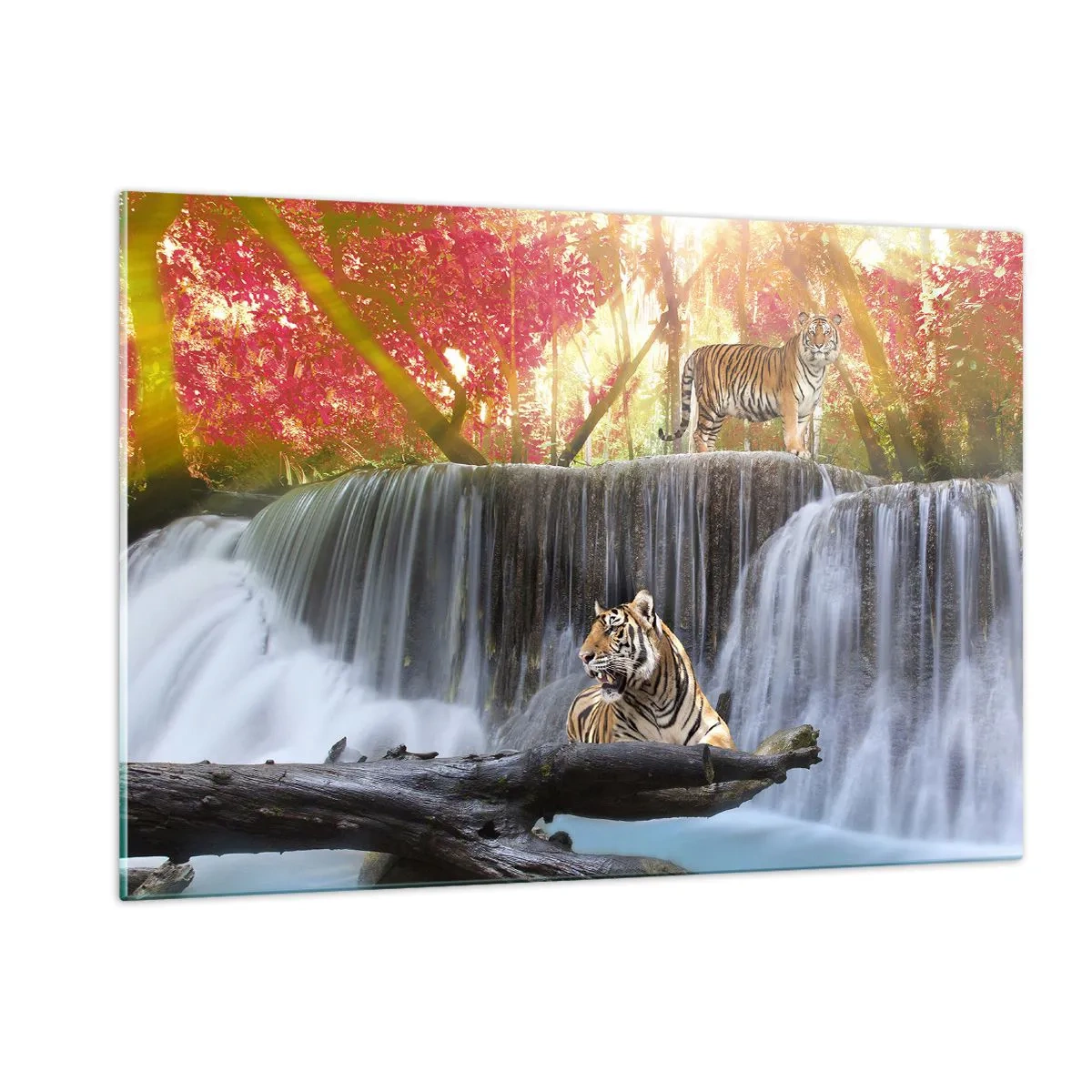 Glasbild - Bild auf glas - Tiger vor einem Wasserfall und Herbstlandschaft - 120x80cm - Surreale Landschaft - Moderne Wanddekoration für Wohnzimmer und Schlafzimmer ARTTOR