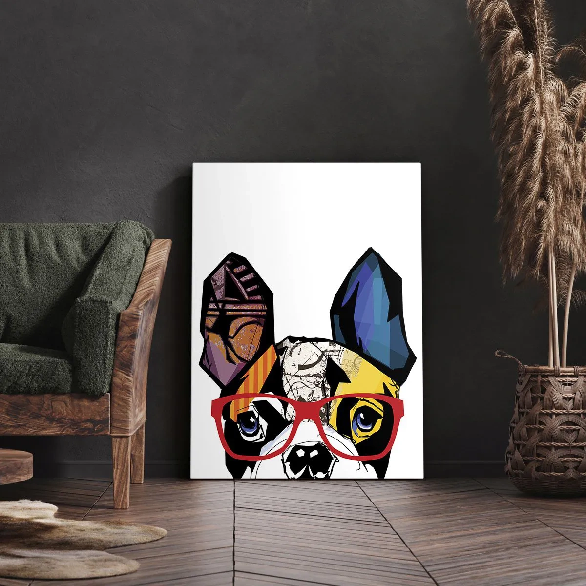 Bild auf Leinwand - Leinwandbild - Bulldogge in einer bunten Illustration mit roter Brille - 70x100cm - Intellektuelle - Moderne Wanddekoration für Wohnzimmer und Schlafzimmer ARTTOR