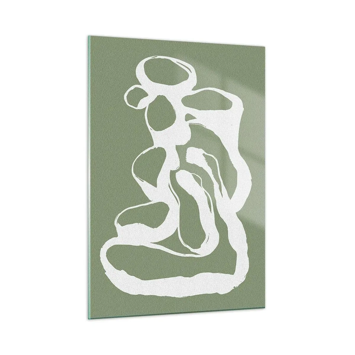 Glasbild - Bild auf glas - Abstrakte weiße organische Form auf olivgrünem Hintergrund - 50x70cm - Ruf des Weltraums - Moderne Wanddekoration für Wohnzimmer und Schlafzimmer ARTTOR