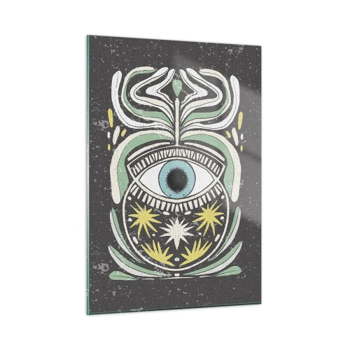 Glasbild - Bild auf glas - Grafisches Auge mit Stammesornamentik auf dunklem Hintergrund - 50x70cm - Stammesrituale - Moderne Wanddekoration für Wohnzimmer und Schlafzimmer ARTTOR