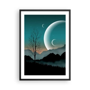 Poster in einem schwarzem Rahmen - Künstlerische Landschaft mit dem Mond vor der Kulisse von Bergen und Bäumen - 50x70cm - Karneval in der Sternenacht - Moderne Wanddekoration für Wohnzimmer und Schlafzimmer ARTTOR