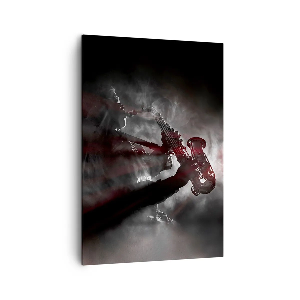 Bild auf Leinwand - Leinwandbild - Saxophonist im Rauch auf der Bühne in stimmungsvollem Schwarz und Rot - 70x100cm - In den Dämpfen des Jazz - Moderne Wanddekoration für Wohnzimmer und Schlafzimmer ARTTOR