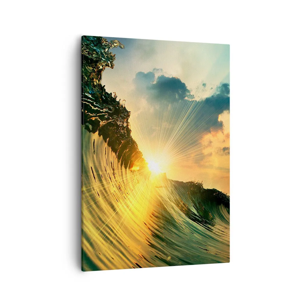 Bild auf Leinwand - Leinwandbild - Eine Welle mit untergehender Sonne und beleuchteten Wolken - 50x70cm - Surfer, wo bist du? - Moderne Wanddekoration für Wohnzimmer und Schlafzimmer ARTTOR