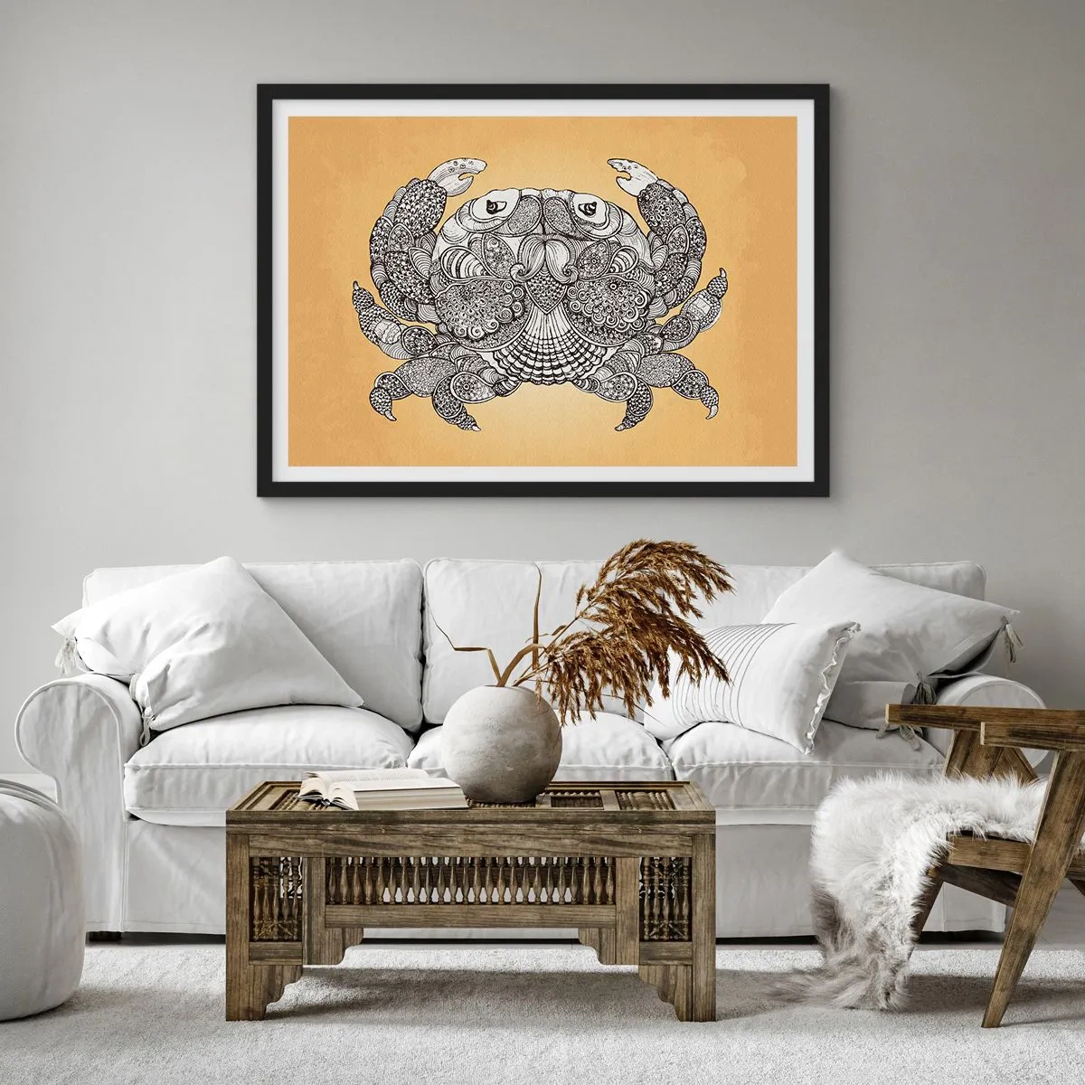 Poster in einem schwarzem Rahmen - Dekorative Zeichnung einer Krabbe auf goldenem Hintergrund - 70x50cm - Geschichten von Mr. Krabs - Moderne Wanddekoration für Wohnzimmer und Schlafzimmer ARTTOR