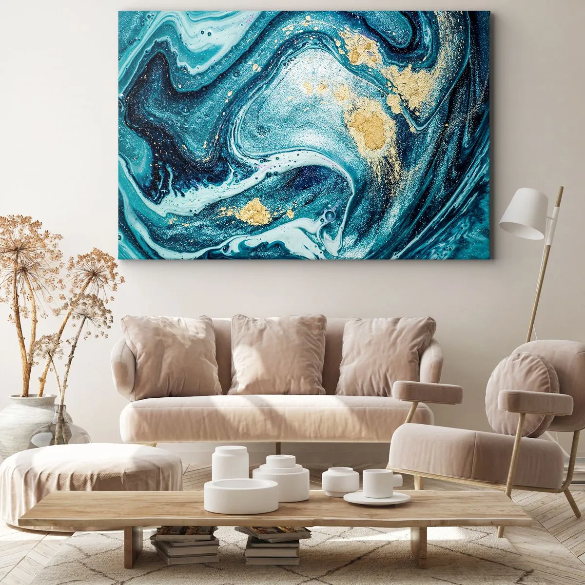 Bild auf Leinwand - Leinwandbild - Eine abstrakte Komposition aus Wellen und goldenen Akzenten - 100x70cm - Blauer Wirbel - Moderne Wanddekoration für Wohnzimmer und Schlafzimmer ARTTOR