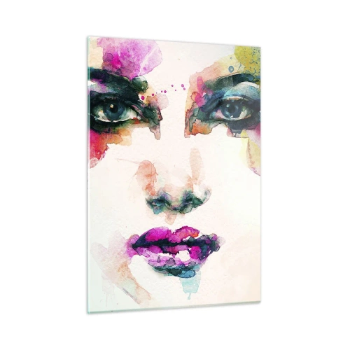 Glasbild - Bild auf glas - Porträt einer Frau in Aquarellfarben und Details - 50x70cm - Ein mit einem Regenbogen gemaltes Porträt - Moderne Wanddekoration für Wohnzimmer und Schlafzimmer ARTTOR