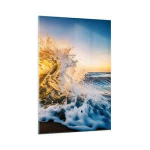 Glasbild - Bild auf glas - Eine goldene Welle vor dem Hintergrund der untergehenden Sonne - 70x100cm - Spaß im Sand - Moderne Wanddekoration für Wohnzimmer und Schlafzimmer ARTTOR