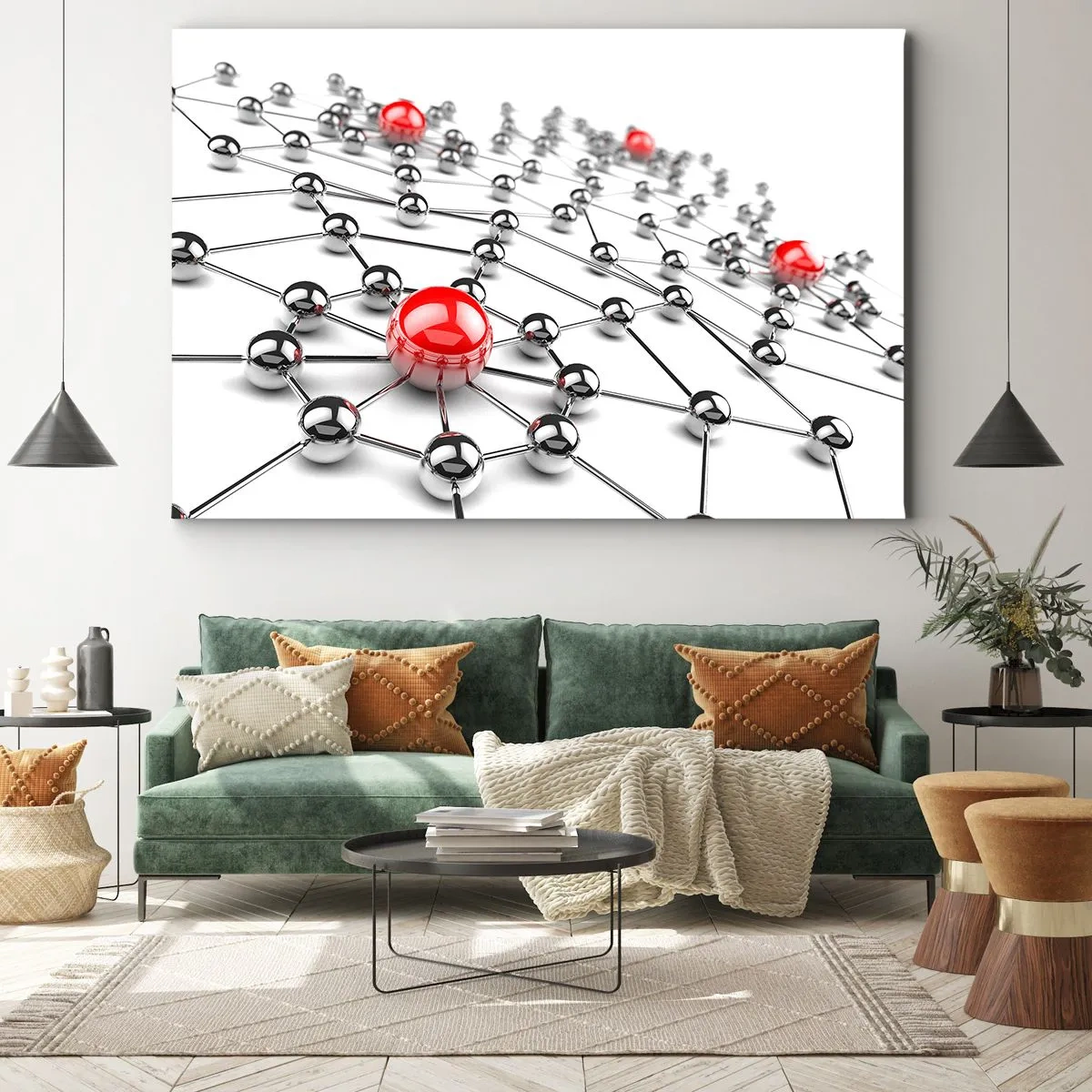 Bild auf Leinwand - Leinwandbild - Ein Netzwerk aus metallischen Kugeln mit roten Akzenten - 120x80cm - Silbriges Netz - Moderne Wanddekoration für Wohnzimmer und Schlafzimmer ARTTOR