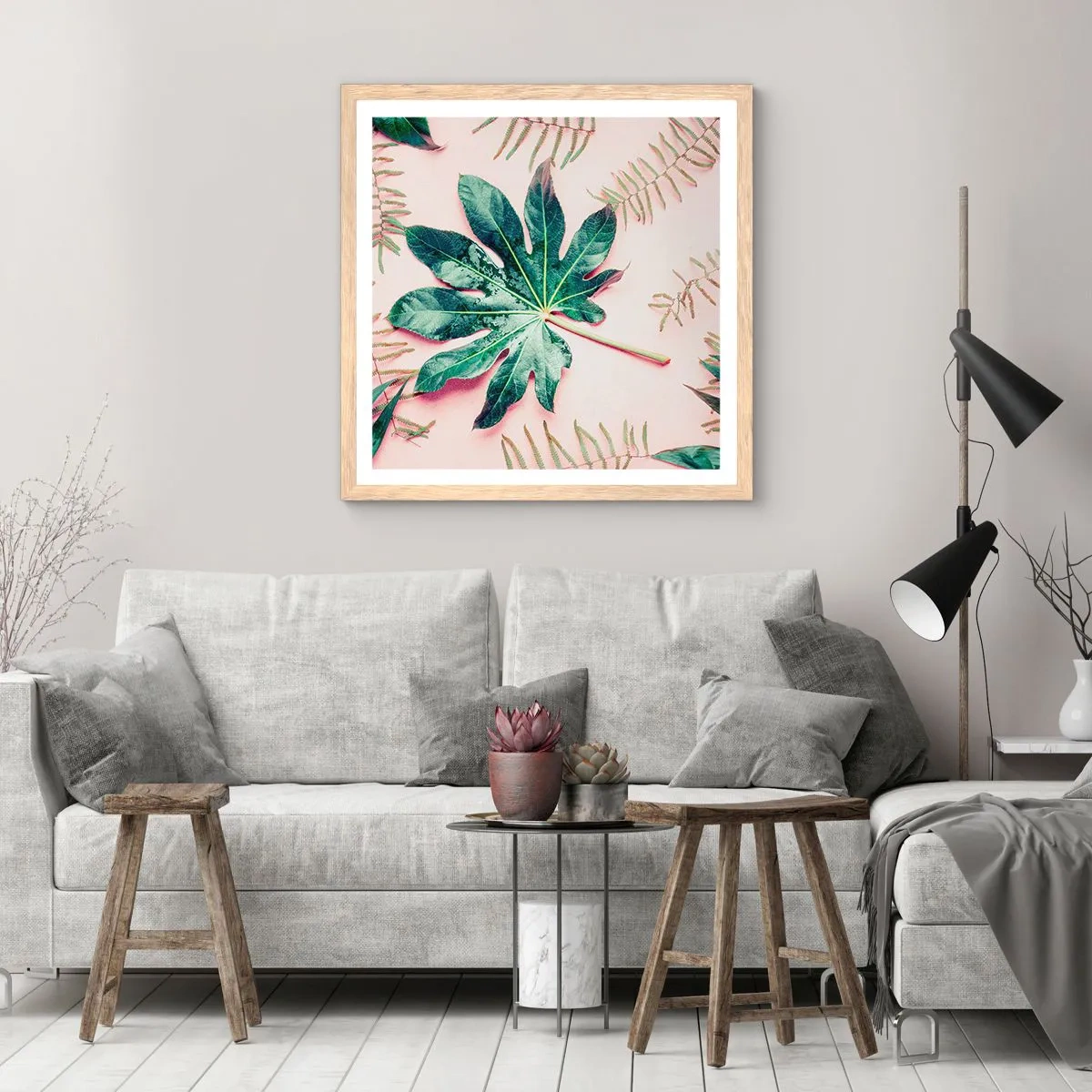 Poster in einem Rahmen aus heller Eiche - Eine Studie von Grün auf einem rosa Hintergrund - 40x40 cm
