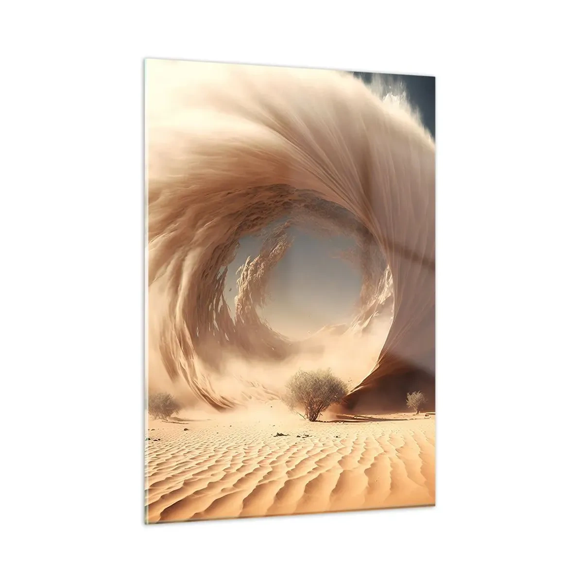 Glasbild - Bild auf glas - Ein Wüstensandwirbel erzeugt ein Portal vom Himmel und den Dünen. - 50x70cm - Geöffnetes Portal - Moderne Wanddekoration für Wohnzimmer und Schlafzimmer ARTTOR