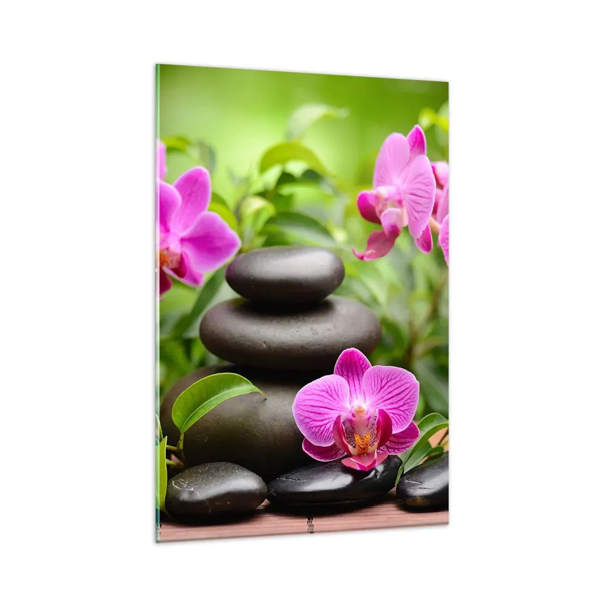 Glasbild - Bild auf glas - Rosa Orchideen mit Steinen auf grünem Hintergrund - 80x120cm - Die Pyramide des Friedens - Moderne Wanddekoration für Wohnzimmer und Schlafzimmer ARTTOR