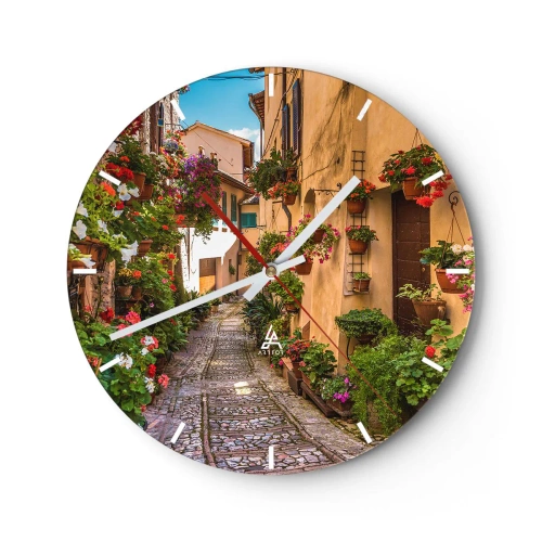 Wanduhr - Glasuhr - Eine malerische Gasse mit Steinpflaster und Blumen - 30x30cm - Italienische Gasse - Moderne Wanddekoration für Wohnzimmer, Küche und Schlafzimmer ARTTOR