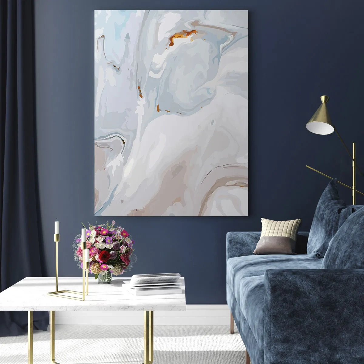 Glasbild - Bild auf glas - Abstrakte Wellen in Blau- und Weißtönen - 80x120cm - Das Weiß wird erhoben - Moderne Wanddekoration für Wohnzimmer und Schlafzimmer ARTTOR