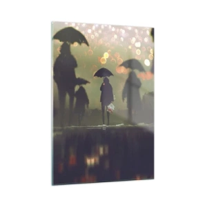 Glasbild - Bild auf glas - Figuren mit Regenschirmen im Regen vor dem Hintergrund der Lichter der Stadt - 50x70cm - Aus der Perspektive eines Regentropfens - Moderne Wanddekoration für Wohnzimmer und Schlafzimmer ARTTOR