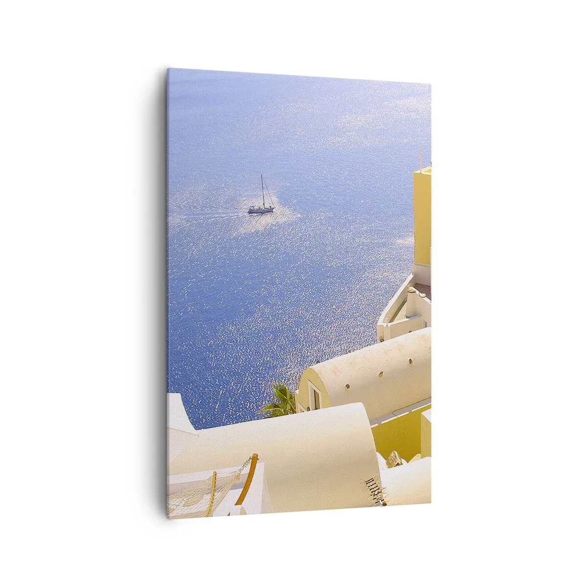 Bild auf Leinwand - Leinwandbild - Griechische Architektur mit Meerblick und einem Boot im Hintergrund - 80x120cm - Griechische Landschaft in Weiß und Blau - Moderne Wanddekoration für Wohnzimmer und Schlafzimmer ARTTOR