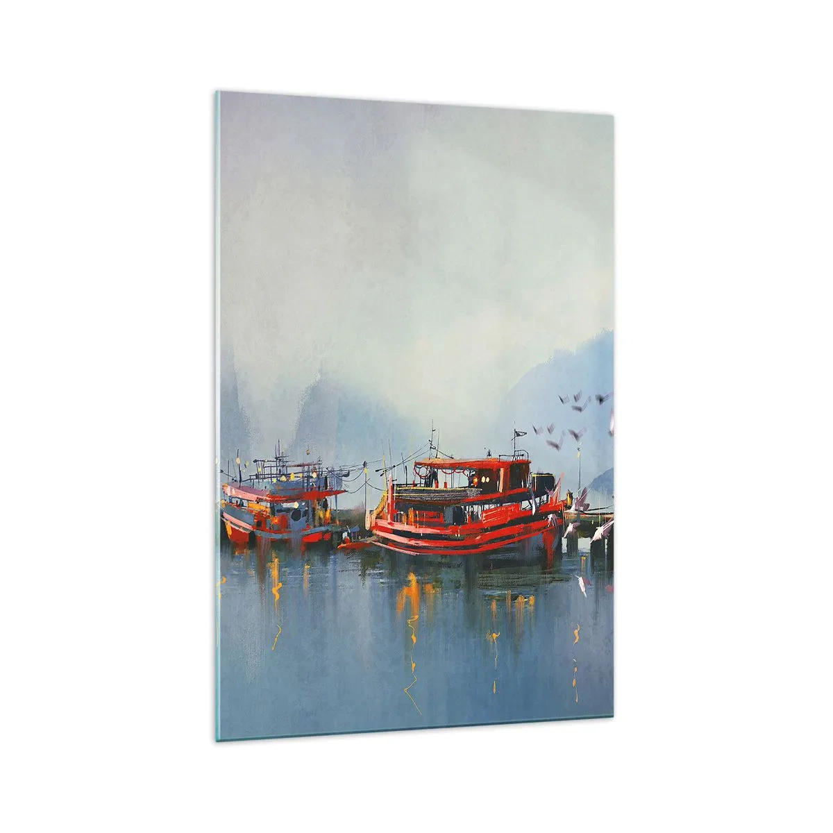Glasbild - Bild auf glas - Ein Hafen mit roten Booten, umgeben von einer nebligen Landschaft - 70x100cm - Am Ende der Welt - Moderne Wanddekoration für Wohnzimmer und Schlafzimmer ARTTOR