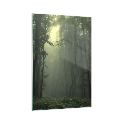 Glasbild - Bild auf glas - Ein grüner Wald am Morgen, eingehüllt in einen zarten Nebel - 70x100cm - Bevor er aufwacht - Moderne Wanddekoration für Wohnzimmer und Schlafzimmer ARTTOR