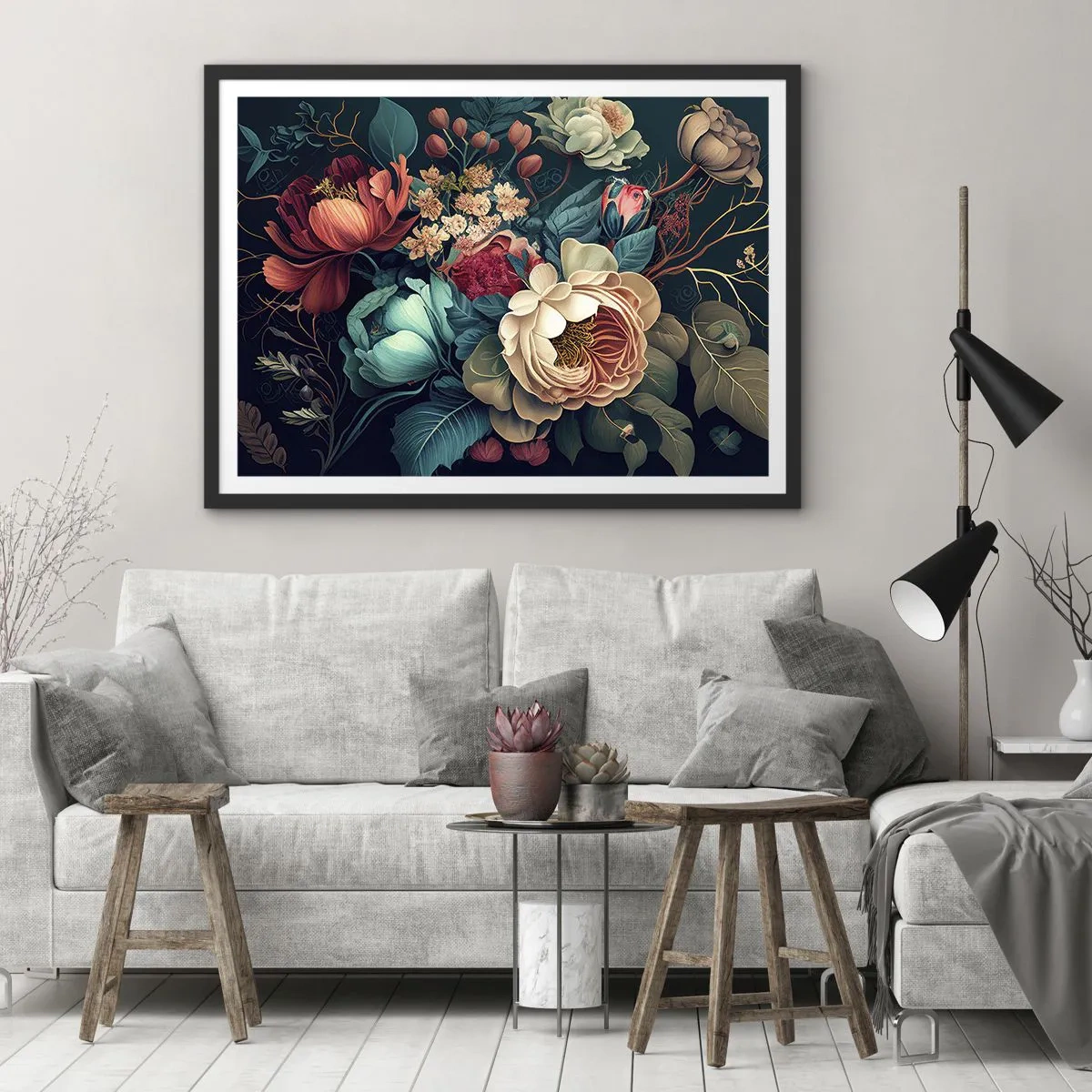 Poster in einem schwarzem Rahmen - Eine farbenfrohe Blumenkomposition auf dunklem Hintergrund - 100x70cm - Charme des 19. Jahrhunderts - Moderne Wanddekoration für Wohnzimmer und Schlafzimmer ARTTOR