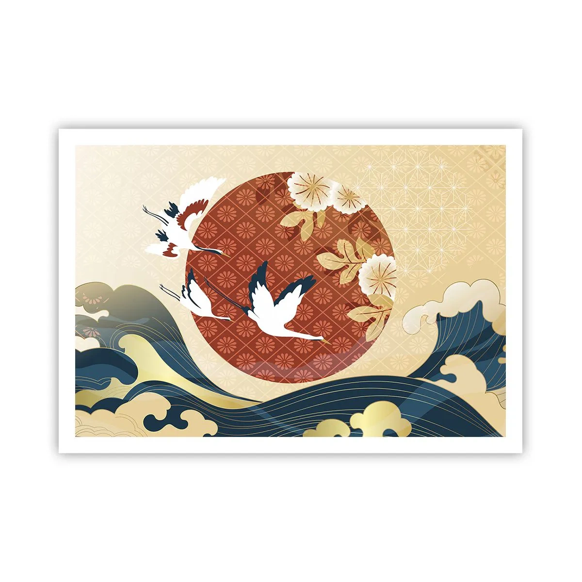 Poster - Japanische Komposition mit Kranichen und Wellen - 100x70cm - Japanisches Märchen - Moderne Wanddekoration für Wohnzimmer und Schlafzimmer ARTTOR