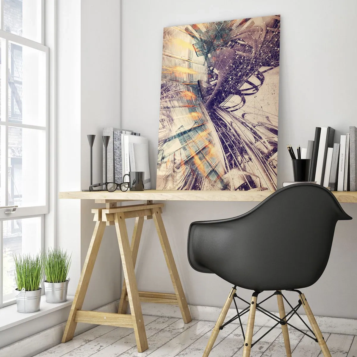 Glasbild - Bild auf glas - Dynamische Abstraktion in Beige- und Lilatönen - 80x120cm - In großer Eile - Moderne Wanddekoration für Wohnzimmer und Schlafzimmer ARTTOR