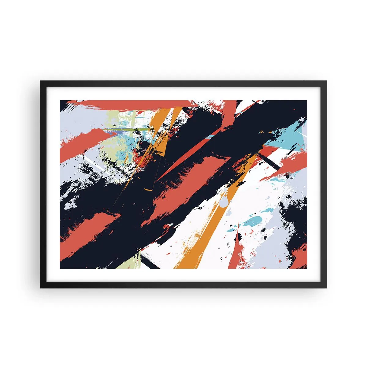Poster in einem schwarzem Rahmen - Abstrakte Pinselstriche in leuchtenden Farben - 70x50cm - Dynamische Komposition - Moderne Wanddekoration für Wohnzimmer und Schlafzimmer ARTTOR