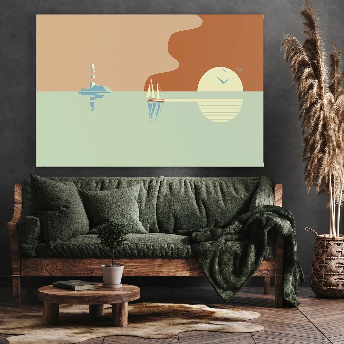 Bild auf Leinwand - Leinwandbild - Eine minimalistische Meereslandschaft mit einem Segelboot und einem Sonnenuntergang - 120x80cm - Die perfekte Meereslandschaft - Moderne Wanddekoration für Wohnzimmer und Schlafzimmer ARTTOR