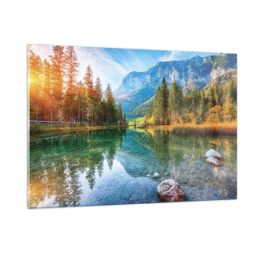 Glasbild - Bild auf glas - Ein Bergsee, umgeben von Wäldern und majestätischen Gipfeln - 120x80cm - Die Sanftheit des Herbstes - Moderne Wanddekoration für Wohnzimmer und Schlafzimmer ARTTOR