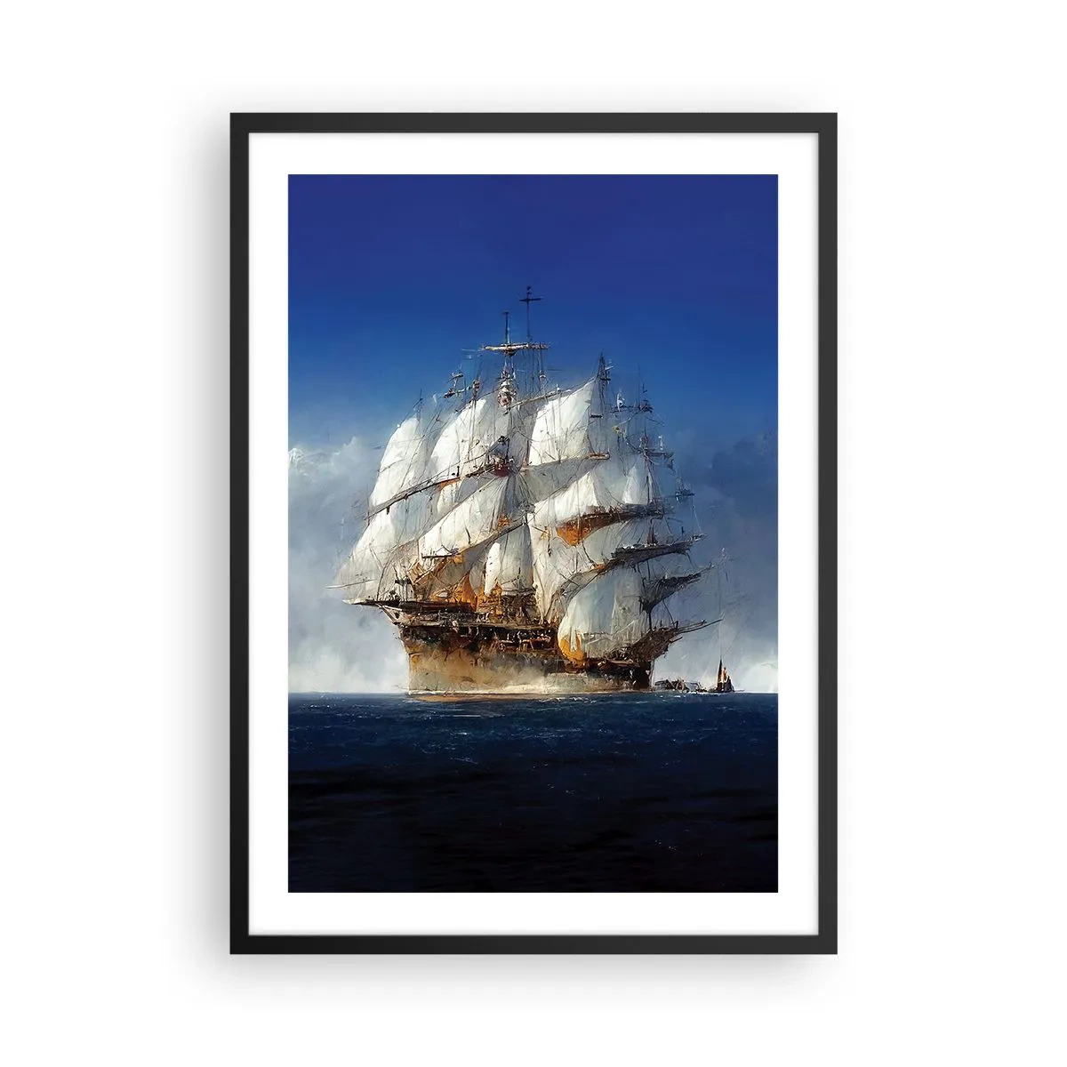 Poster in einem schwarzem Rahmen - Ein Segelschiff auf hoher See unter vollen Segeln im Sonnenlicht - 50x70cm - Der große Ruhm! - Moderne Wanddekoration für Wohnzimmer und Schlafzimmer ARTTOR
