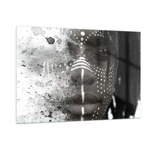 Glasbild - Bild auf glas - Porträt mit Ethno-Muster in Schwarz-Weiß mit Aquarelleffekt - 120x80cm - Entdecke den Urgeist - Moderne Wanddekoration für Wohnzimmer und Schlafzimmer ARTTOR