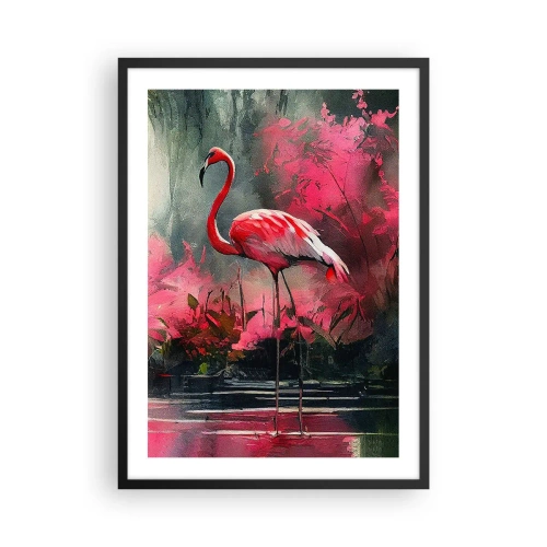 Poster in einem schwarzem Rahmen - Ein Flamingo, umgeben von rosa Vegetation am Wasser - 50x70cm - Lektion in natürlicher Anmut - Moderne Wanddekoration für Wohnzimmer und Schlafzimmer ARTTOR