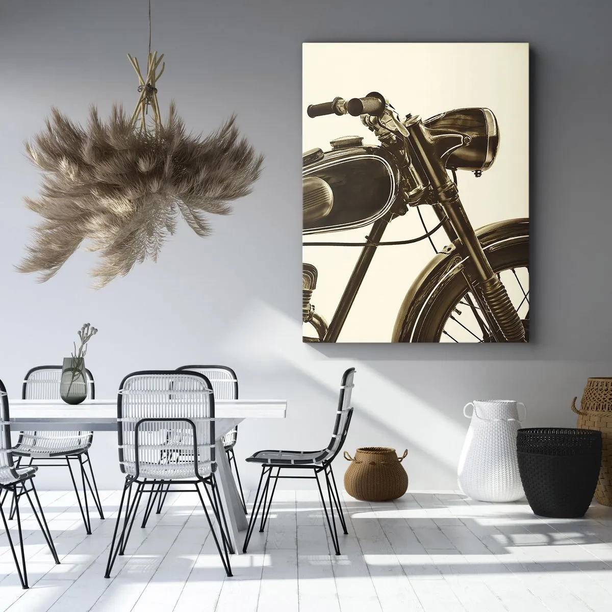Bild auf Leinwand - Leinwandbild - Ein Vintage-Retro-Motorrad auf hellem Hintergrund - 80x120cm - Sehnsucht nach den Klassikern - Moderne Wanddekoration für Wohnzimmer und Schlafzimmer ARTTOR