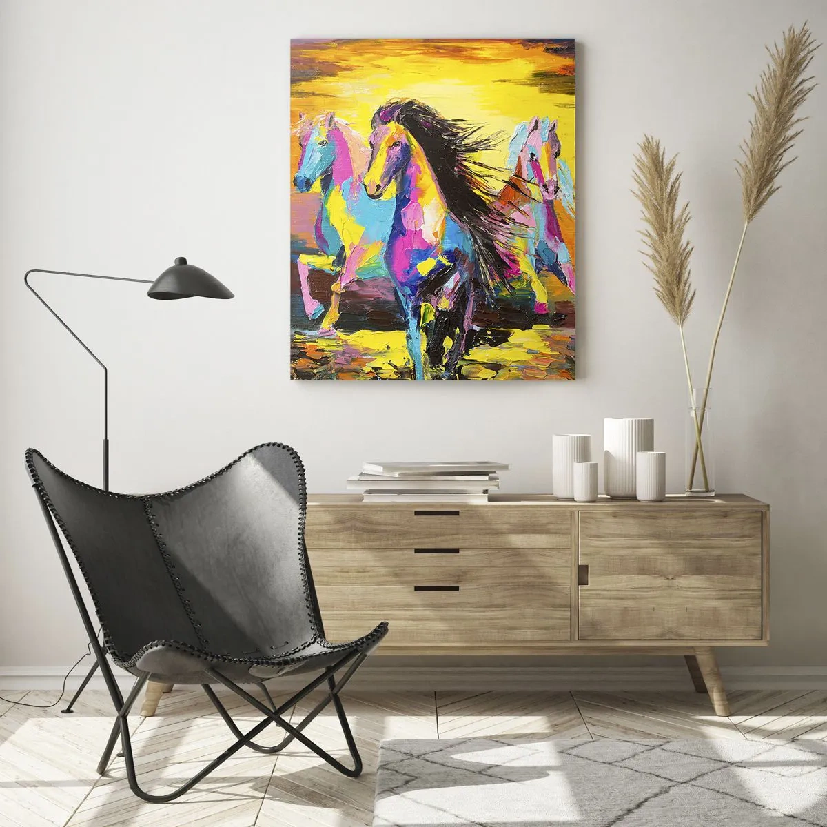 Glasbild - Bild auf glas - Bunte Pferde galoppieren vor dem Hintergrund des Sonnenuntergangs - 50x70cm - Eingetaucht in den Regenbogen - Moderne Wanddekoration für Wohnzimmer und Schlafzimmer ARTTOR