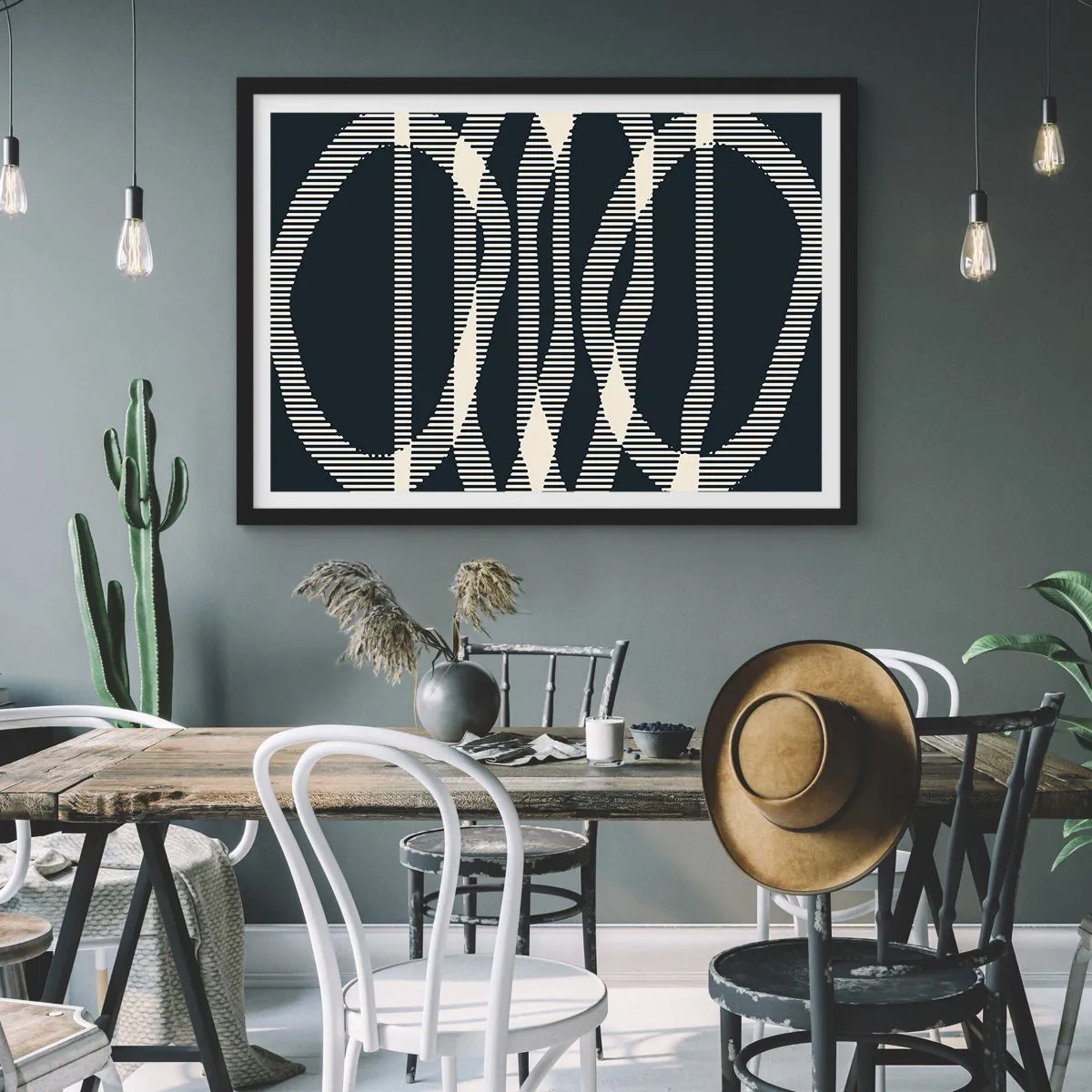 Poster in einem schwarzem Rahmen - Geometrische Linien in hellen Farbtönen auf dunklem Hintergrund - 70x50cm - Ein Versuch, die Dunkelheit zu durchbrechen - Moderne Wanddekoration für Wohnzimmer und Schlafzimmer ARTTOR