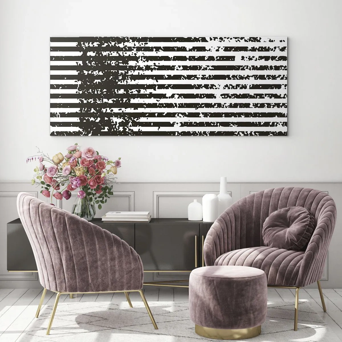 Glasbild - Bild auf glas - Abstrakte Linien mit Distressed-Effekt in Schwarz und Weiß - 140x50cm - Rhythmus und Rauschen - Moderne Wanddekoration für Wohnzimmer und Schlafzimmer ARTTOR