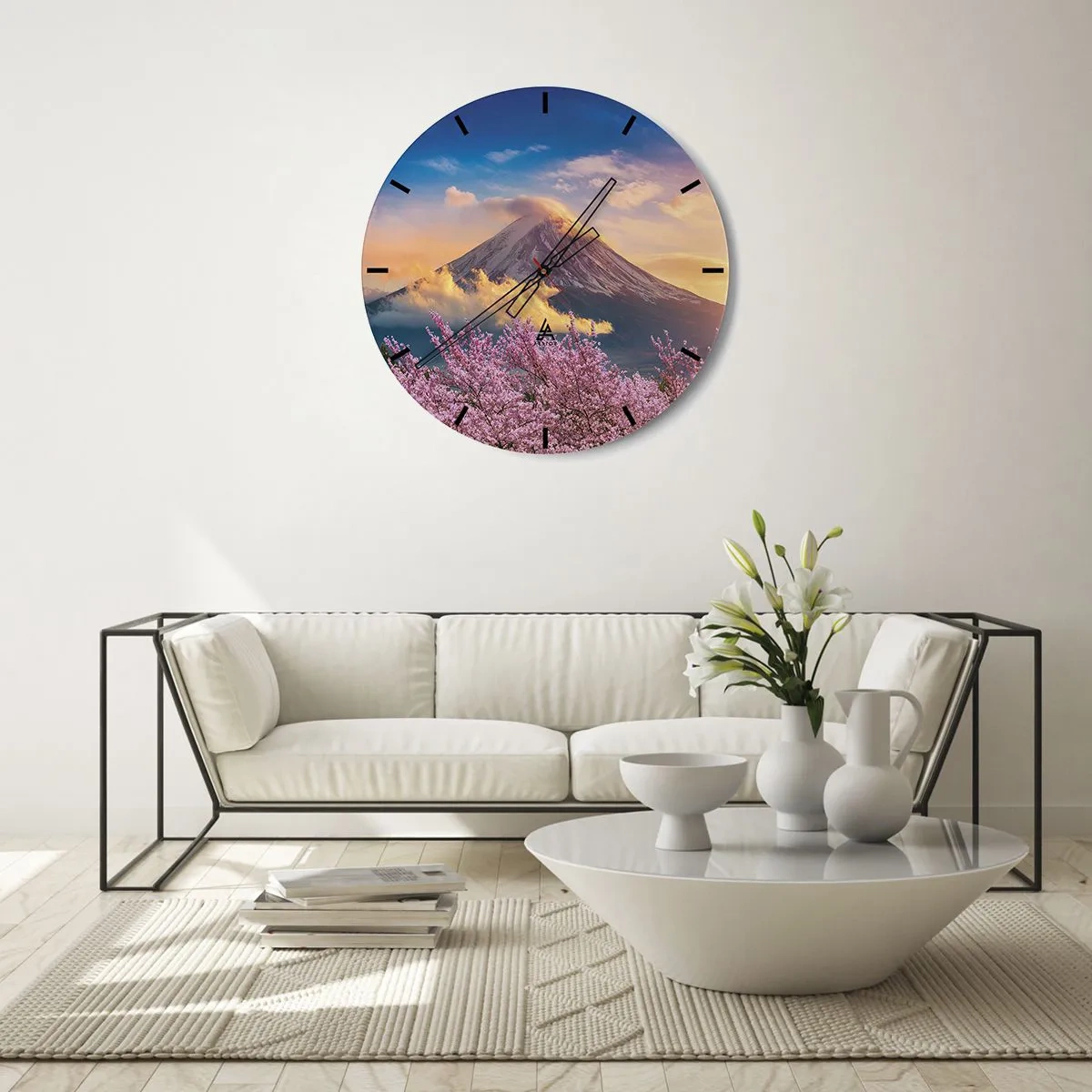 Wanduhr - Glasuhr - Ein Berg in den Wolken mit einer Kirschblüte im Vordergrund - 30x30cm - Japanische Heiligkeit - Moderne Wanddekoration für Wohnzimmer, Küche und Schlafzimmer ARTTOR
