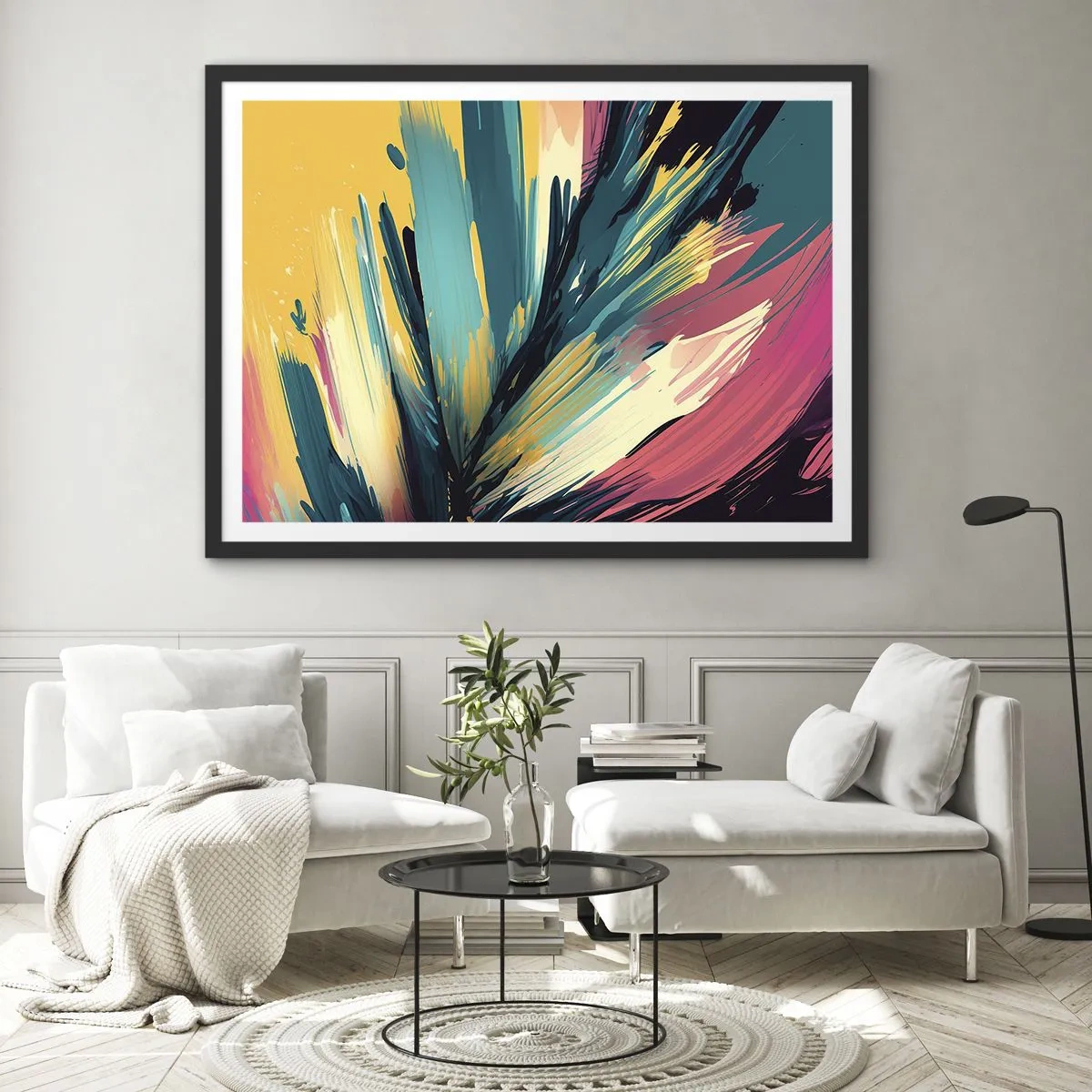 Poster in einem schwarzem Rahmen - Eine abstrakte Komposition in intensiven und kontrastreichen Farben. - 70x50cm - Komposition – eine Explosion der Freude - Moderne Wanddekoration für Wohnzimmer und Schlafzimmer ARTTOR