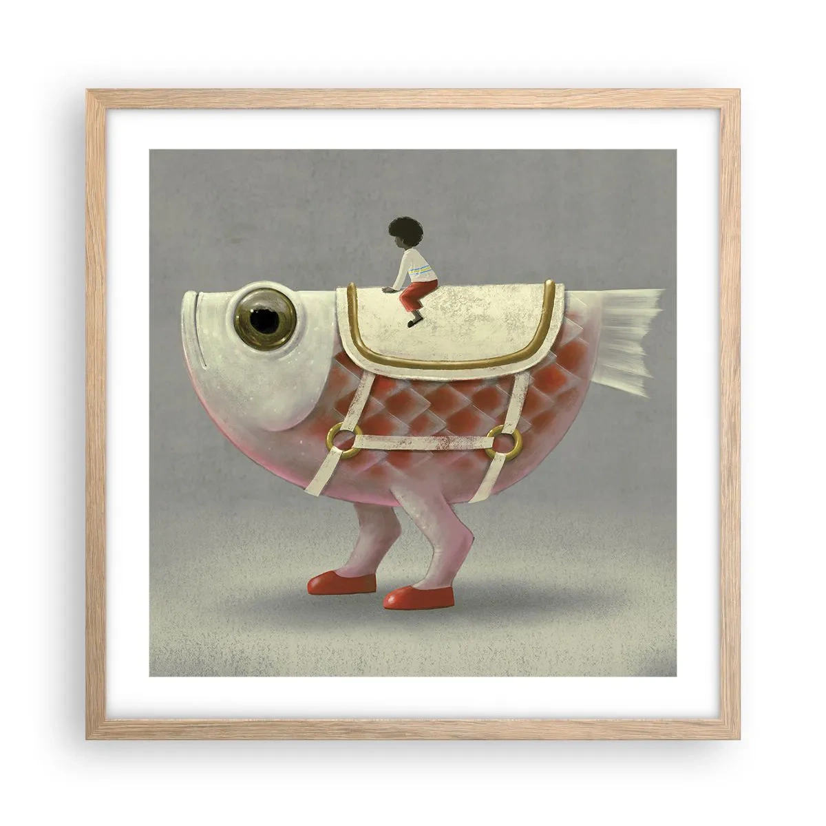 Poster in einem Rahmen aus heller Eiche - Reiter auf einem surrealen Fisch - 50x50 cm