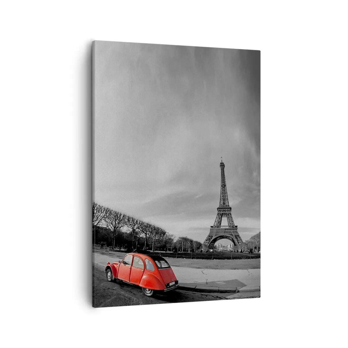 Bild auf Leinwand - Leinwandbild - Ein rotes Auto mit dem Eiffelturm im Hintergrund in einer schwarz-weißen Landschaft - 50x70cm - Pariser als Paris selbst - Moderne Wanddekoration für Wohnzimmer und Schlafzimmer ARTTOR