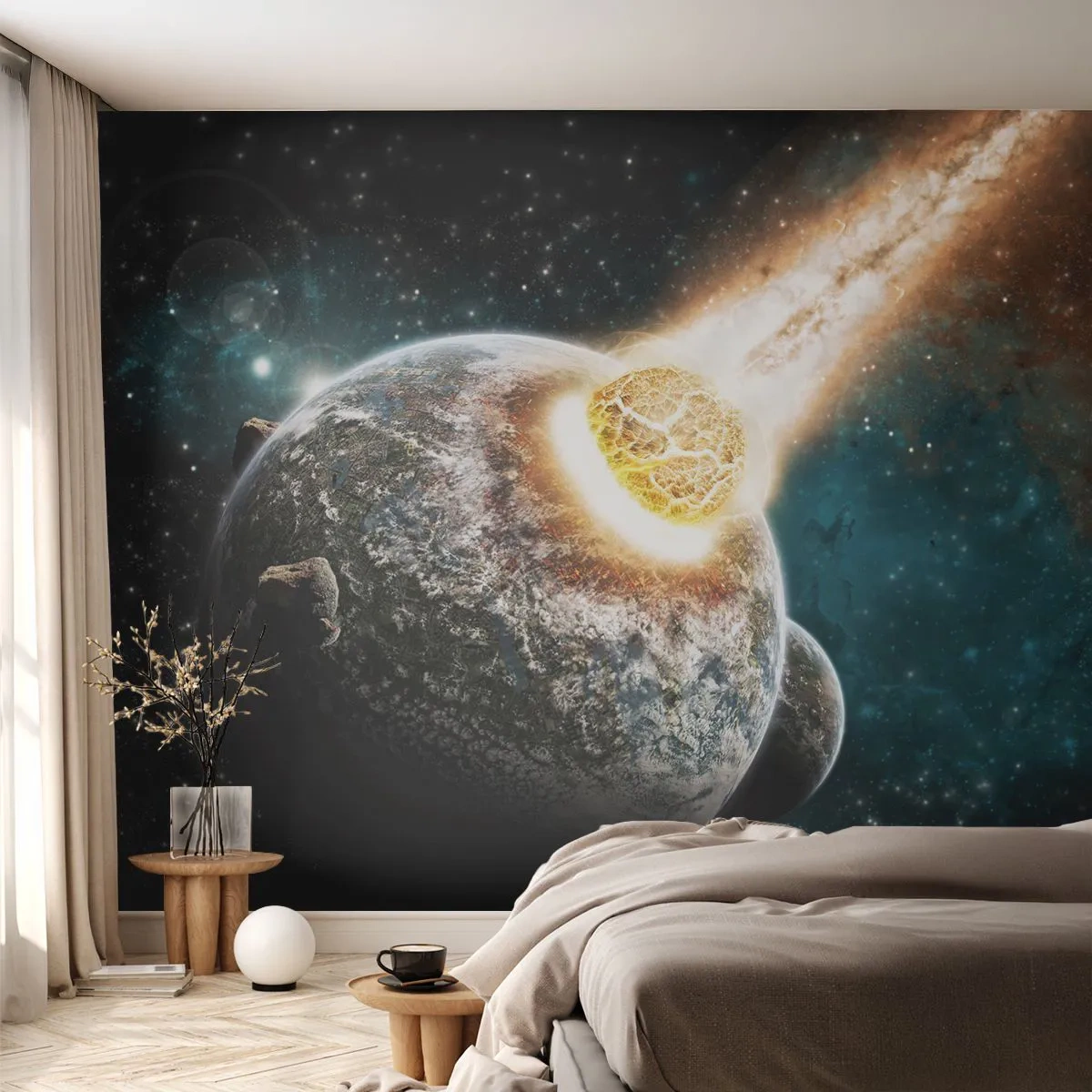 Fototapete Premium Sand - Kollision eines Meteoriten mit einem Planeten im Weltraum - 100x70cm - Holocaust oder Geburt? - Moderne Wanddekoration für Wohnzimmer und Schlafzimmer ARTTOR