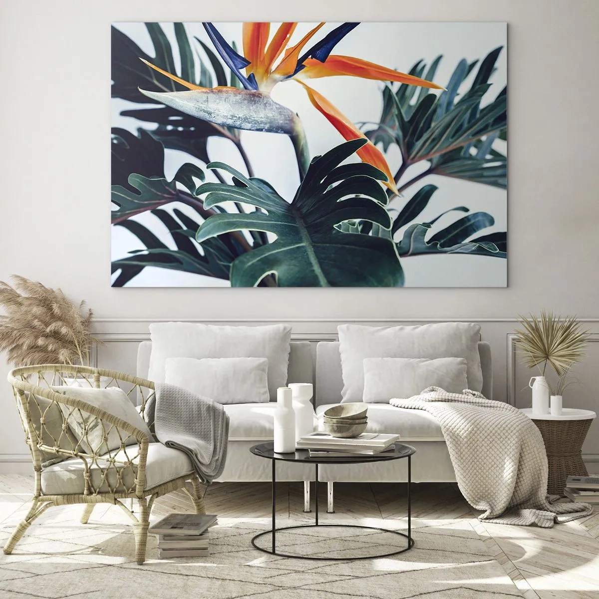 Glasbild - Bild auf glas - Exotische Pflanze mit Paradiesvogelblume - 120x80cm - Vogelbusch - Moderne Wanddekoration für Wohnzimmer und Schlafzimmer ARTTOR