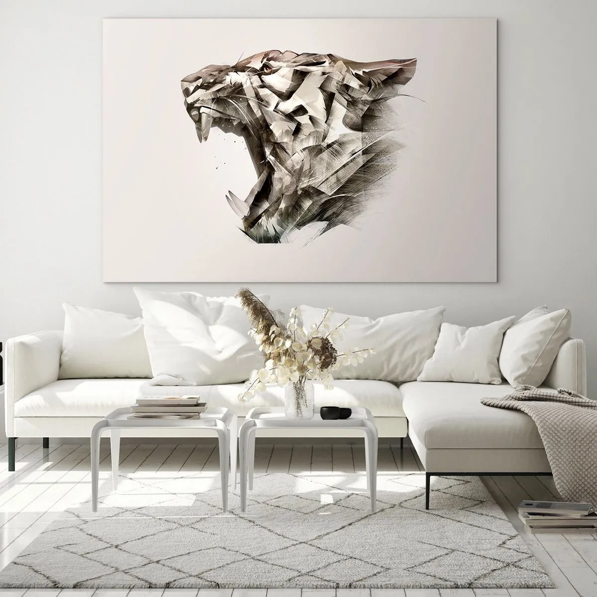 Glasbild - Bild auf glas - Geometrische Darstellung eines brüllenden Tigers auf hellem Hintergrund - 100x70cm - Du weißt schon wer das Sagen hat - Moderne Wanddekoration für Wohnzimmer und Schlafzimmer ARTTOR