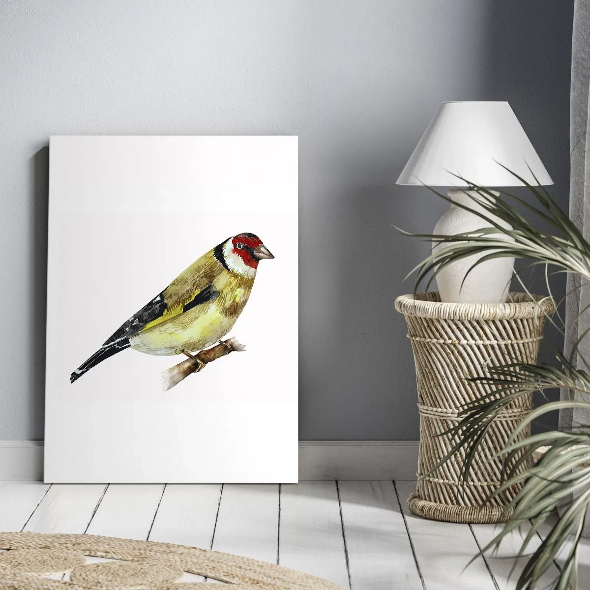 Bild auf Leinwand - Leinwandbild - Ein Vogel mit rotem Kopf auf einem Ast - 50x70cm - Vogelporträt - Moderne Wanddekoration für Wohnzimmer und Schlafzimmer ARTTOR
