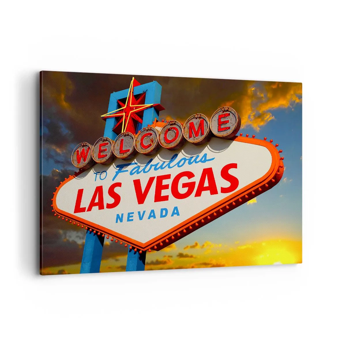 Bild auf Leinwand - Leinwandbild - Das berühmte Schild „Welcome to Fabulous Las Vegas“ bei Sonnenuntergang - 120x80cm - Für ein Lächeln des Schicksals - Moderne Wanddekoration für Wohnzimmer und Schlafzimmer ARTTOR