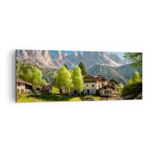 Bild auf Leinwand - Leinwandbild - Ein Bergdorf mit Häusern und Blick auf die Alpen - 140x50cm - Alpenidylle - Moderne Wanddekoration für Wohnzimmer und Schlafzimmer ARTTOR
